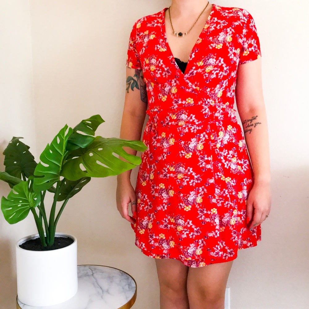 Red floral wrap around dress